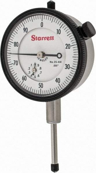 Starrett - 1" Range, 0-100 Dial Reading, 0.001" Graduation Dial Drop Indicator - 2-1/4" Dial, 0.1" Range per Revolution, Revolution Counter - Eagle Tool & Supply