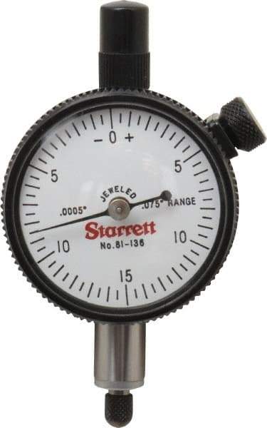 Starrett - 0.075" Range, 0-15-0 Dial Reading, 0.0005" Graduation Dial Drop Indicator - 1-11/16" Dial, 0.03" Range per Revolution, Revolution Counter - Eagle Tool & Supply