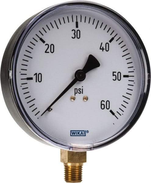 Wika - 4" Dial, 1/4 Thread, 0-60 Scale Range, Pressure Gauge - Lower Connection Mount, Accurate to 3-2-3% of Scale - Eagle Tool & Supply