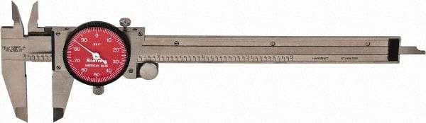 Starrett - 0" to 6" Range, 0.001" Graduation, 0.1" per Revolution, Dial Caliper - Red Face, 1-1/2" Jaw Length, Accurate to 0.0010" - Eagle Tool & Supply