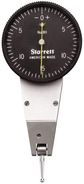 Starrett - 0.03 Inch Range, 0.0005 Inch Dial Graduation, Horizontal Dial Test Indicator - 1-3/8 Inch Black Dial, 0-15-0 Dial Reading - Eagle Tool & Supply