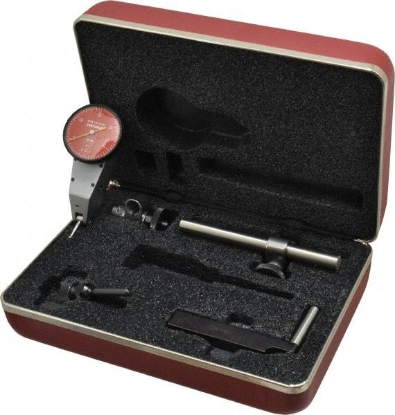 Starrett - 7 Piece, 0" to 0.03" Measuring Range, 1-3/8" Dial Diam, 0-15-0 Dial Reading, Red Dial Test Indicator Kit - 5/8" Contact Point Length, 2mm Ball Diam, 0.0005" Dial Graduation - Eagle Tool & Supply