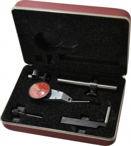Starrett - 7 Piece, 0" to 0.06" Measuring Range, 1-3/8" Dial Diam, 0-30-0 Dial Reading, Red Dial Test Indicator Kit - 1-5/16" Contact Point Length, 2mm Ball Diam, 0.001" Dial Graduation - Eagle Tool & Supply