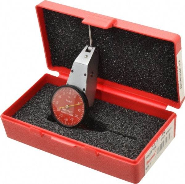 Starrett - 0.06 Inch Range, 0.001 Inch Dial Graduation, Horizontal Dial Test Indicator - 1-3/8 Inch Red Dial, 0-30-0 Dial Reading - Eagle Tool & Supply