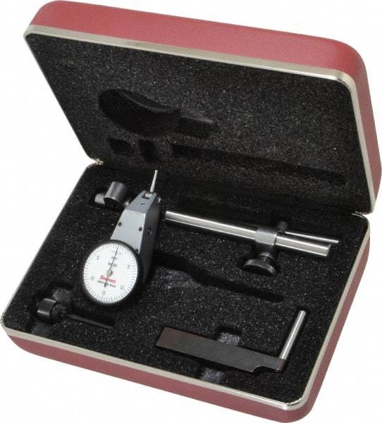 Starrett - 7 Piece, 0" to 0.03" Measuring Range, 1-3/8" Dial Diam, 0-15-0 Dial Reading, White Dial Test Indicator Kit - 5/8" Contact Point Length, 2mm Ball Diam, 0.0005" Dial Graduation - Eagle Tool & Supply