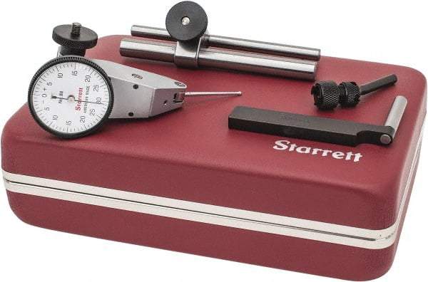 Starrett - 7 Piece, 0" to 0.06" Measuring Range, 1-3/8" Dial Diam, 0-30-0 Dial Reading, White Dial Test Indicator Kit - 1-5/16" Contact Point Length, 2mm Ball Diam, 0.001" Dial Graduation - Eagle Tool & Supply