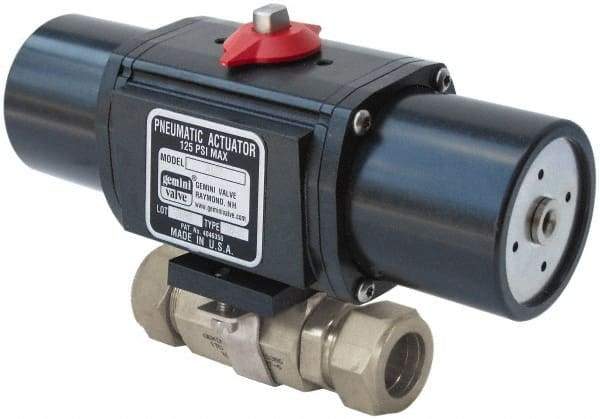 Gemini Valve - 3/4" Pipe, 1,000 psi WOG Rating Stainless Steel Pneumatic Spring Return with Solenoid Actuated Ball Valve - Reinforced PTFE Seal, Standard Port - Eagle Tool & Supply