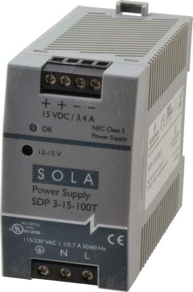 Sola/Hevi-Duty - 100 Watt, 4.2 to 3.4 Amp, 264 VAC, 375 VDC Input, 12 to 15 VDC Output, DIN Rail Power Supply - Screw Terminal Connection, 1 Output, 1.77 Inch Wide x 3.58 Inch Deep x 2.95 Inch High, Up to 86% Efficiency, 14 to 140°F, Green LED Display - Eagle Tool & Supply