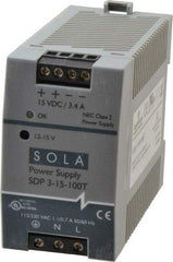Sola/Hevi-Duty - 100 Watt, 4.2 to 3.4 Amp, 264 VAC, 375 VDC Input, 12 to 15 VDC Output, DIN Rail Power Supply - Screw Terminal Connection, 1 Output, 1.77 Inch Wide x 3.58 Inch Deep x 2.95 Inch High, Up to 86% Efficiency, 14 to 140°F, Green LED Display - Eagle Tool & Supply