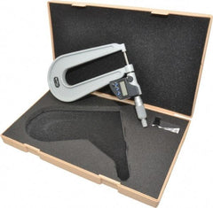 Mitutoyo - 0 to 1 Inch Range, 0.0001 Inch Resolution, Deep Throat, IP65 Electronic Outside Micrometer - 0.0002 Inch Accuracy, 6.3 Inch Throat, Ratchet Stop Thimble, Carbide Face, SR44 Battery, Data Output, Includes Plastic Case - Eagle Tool & Supply
