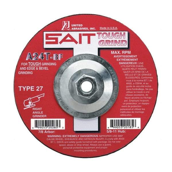 Sait - 24 Grit, 9" Wheel Diam, 1/4" Wheel Thickness, Type 27 Depressed Center Wheel - Aluminum Oxide, Resinoid Bond, T Hardness, 6,600 Max RPM, Compatible with Angle Grinder - Eagle Tool & Supply