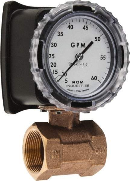 Made in USA - 1-1/2" NPT Port RCM Industries Flo-Gage Flowmeter - 180 Max psi, 5 to 60 GPM, Bronze - Eagle Tool & Supply