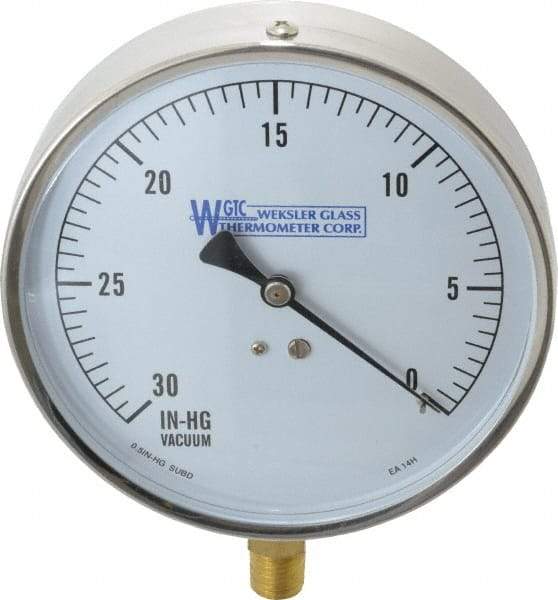 WGTC - 4-1/2" Dial, 1/4 Thread, 30-0 Scale Range, Pressure Gauge - Lower Connection Mount, Accurate to 1% of Scale - Eagle Tool & Supply