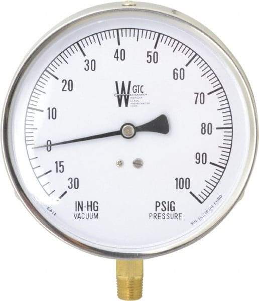 WGTC - 4-1/2" Dial, 1/4 Thread, 30-0-100 Scale Range, Pressure Gauge - Lower Connection Mount, Accurate to 1% of Scale - Eagle Tool & Supply