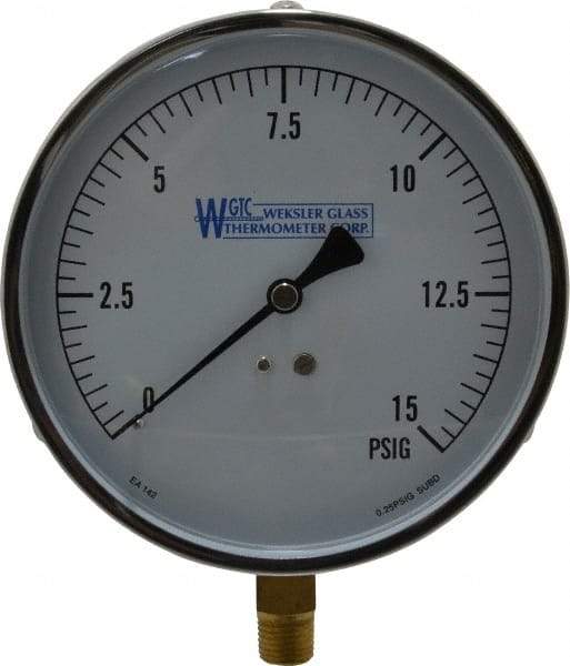 WGTC - 4-1/2" Dial, 1/4 Thread, 0-15 Scale Range, Pressure Gauge - Lower Connection Mount, Accurate to 1% of Scale - Eagle Tool & Supply