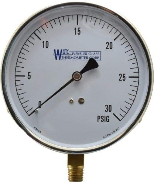 WGTC - 4-1/2" Dial, 1/4 Thread, 0-30 Scale Range, Pressure Gauge - Lower Connection Mount, Accurate to 1% of Scale - Eagle Tool & Supply