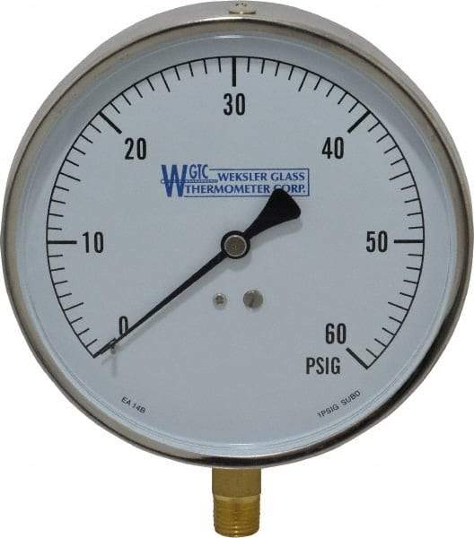 WGTC - 4-1/2" Dial, 1/4 Thread, 0-60 Scale Range, Pressure Gauge - Lower Connection Mount, Accurate to 1% of Scale - Eagle Tool & Supply