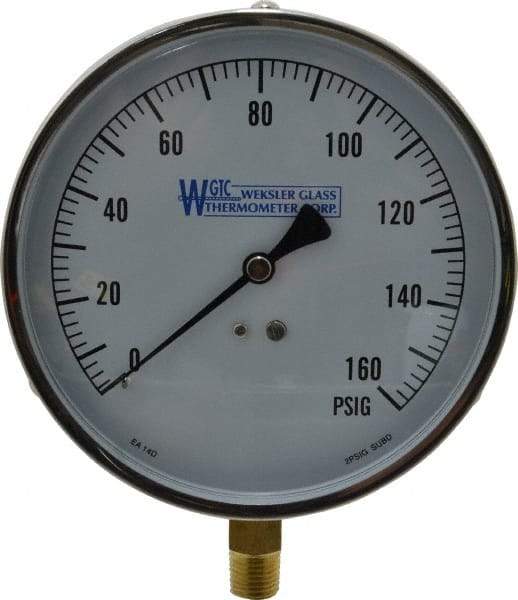 WGTC - 4-1/2" Dial, 1/4 Thread, 0-160 Scale Range, Pressure Gauge - Lower Connection Mount, Accurate to 1% of Scale - Eagle Tool & Supply