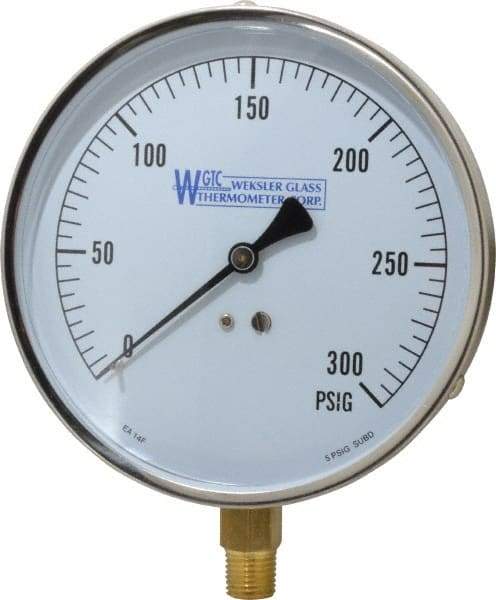 WGTC - 4-1/2" Dial, 1/4 Thread, 0-300 Scale Range, Pressure Gauge - Lower Connection Mount, Accurate to 1% of Scale - Eagle Tool & Supply
