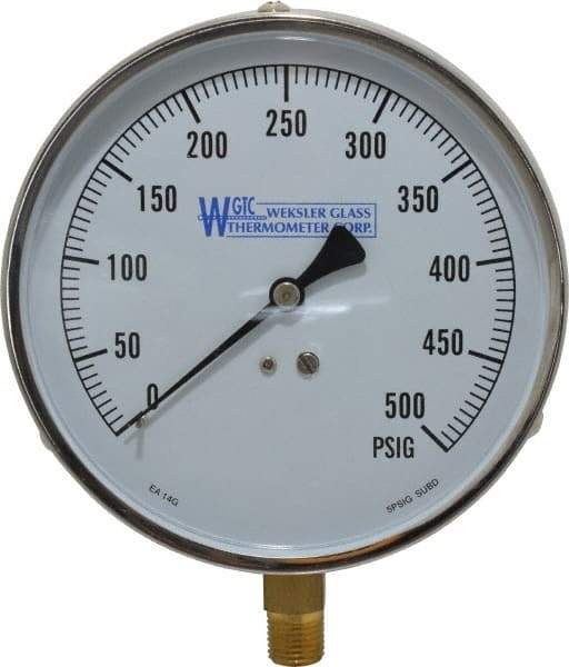 WGTC - 4-1/2" Dial, 1/4 Thread, 0-500 Scale Range, Pressure Gauge - Lower Connection Mount, Accurate to 1% of Scale - Eagle Tool & Supply