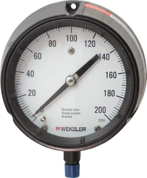 Made in USA - 4-1/2" Dial, 1/4 Thread, 0-200 Scale Range, Pressure Gauge - Lower Connection Mount, Accurate to 1% of Scale - Eagle Tool & Supply