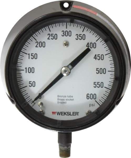 Made in USA - 4-1/2" Dial, 1/4 Thread, 0-600 Scale Range, Pressure Gauge - Lower Connection Mount, Accurate to 1% of Scale - Eagle Tool & Supply