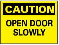 NMC - Caution - Open Door Slowly, Rigid Plastic Fire and Exit Sign - 14" Wide x 10" High - Eagle Tool & Supply
