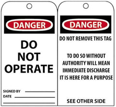 NMC - 3" High x 6" Long, DANGER - DO NOT OPERATE, English Safety & Facility Accident Prevention Tag - Tag Header: Danger, 2 Sides, Black, Red & White Unrippable Vinyl - Eagle Tool & Supply
