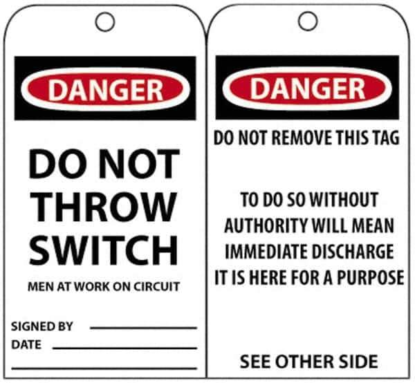 NMC - 3" High x 6" Long, DANGER - DO NOT THROW SWITCH, English Safety & Facility Accident Prevention Tag - Tag Header: Danger, 2 Sides, Black, Red & White Unrippable Vinyl - Eagle Tool & Supply