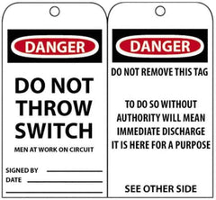 NMC - 3" High x 6" Long, DANGER - DO NOT THROW SWITCH, English Safety & Facility Accident Prevention Tag - Tag Header: Danger, 2 Sides, Black, Red & White Unrippable Vinyl - Eagle Tool & Supply