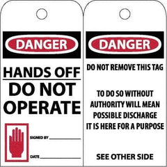 NMC - 3" High x 6" Long, DANGER - HANDS OFF - DO NOT OPERATE, English Safety & Facility Accident Prevention Tag - Tag Header: Danger, 2 Sides, Black, Red & White Unrippable Vinyl - Eagle Tool & Supply