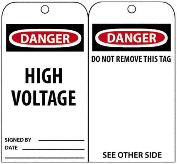 NMC - 3" High x 6" Long, DANGER - HIGH VOLTAGE, English Safety & Facility Accident Prevention Tag - Tag Header: Danger, 2 Sides, Black, Red & White Unrippable Vinyl - Eagle Tool & Supply