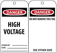 NMC - 3" High x 6" Long, DANGER - HIGH VOLTAGE, English Safety & Facility Accident Prevention Tag - Tag Header: Danger, 2 Sides, Black, Red & White Unrippable Vinyl - Eagle Tool & Supply