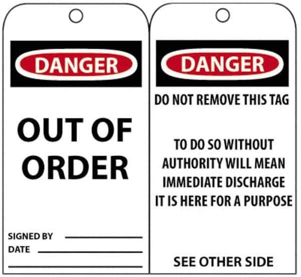 NMC - 3" High x 6" Long, DANGER - OUT OF ORDER, English Safety & Facility Accident Prevention Tag - Tag Header: Danger, 2 Sides, Black, Red & White Unrippable Vinyl - Eagle Tool & Supply