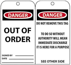 NMC - 3" High x 6" Long, DANGER - OUT OF ORDER, English Safety & Facility Accident Prevention Tag - Tag Header: Danger, 2 Sides, Black, Red & White Unrippable Vinyl - Eagle Tool & Supply