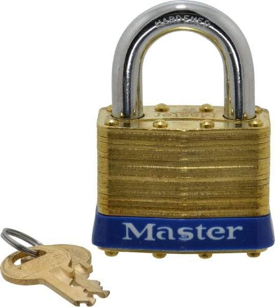 Master Lock - 1" Shackle Clearance, Keyed Alike Laminated Brass Padlock - 3/8" Shackle Diam, Brass - Eagle Tool & Supply