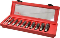 Milwaukee Tool - 9 Piece, 1/2 to 15/16" Cutter Diam, 2" Cutting Depth, Steel Annular Cutter Set - Bright Finish, 3/4" Shank Diam, 1/2", 9/16", 5/8", 11/16", 3/4", 13/16", 7/8", 15/16", 1-1/16" Cutter Diams, 2 Flats on Shank - Eagle Tool & Supply