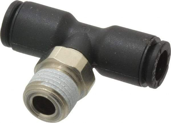 Legris - 6mm OD, 1/8 NPT, Nylon/Nickel Plated Brass Push-to-Connect Male Branch Tee - 290 Max psi, Black - Eagle Tool & Supply