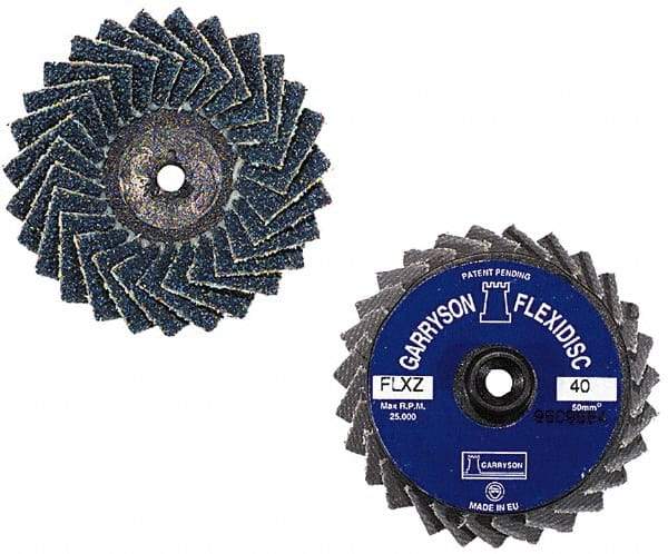 Garryson - 40 Grit, 2" Disc Diam, Type 27 Zirconia Alumina Flap Disc - 30,000 Max RPM, Nylon Backing, Quick Change Type R Attaching System, Coated - Eagle Tool & Supply