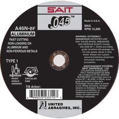 Sait - 4-1/2" 46 Grit Aluminum Oxide Cutoff Wheel - 0.045" Thick, 7/8" Arbor, 13,300 Max RPM, Use with Angle Grinders - Eagle Tool & Supply