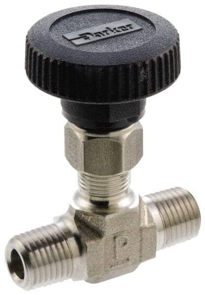 Parker - 5,000 Max psi, 3/8" Pipe, 316 Grade Stainless Steel, Inline Instrumentation Needle Valve - MNPT x MNPT End Connections - Eagle Tool & Supply