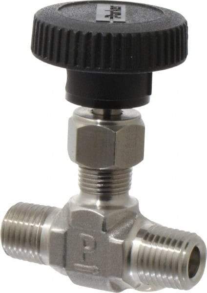 Parker - 5,000 Max psi, 1/4" Pipe, 316 Grade Stainless Steel, Inline Instrumentation Needle Valve - MNPT x MNPT End Connections - Eagle Tool & Supply