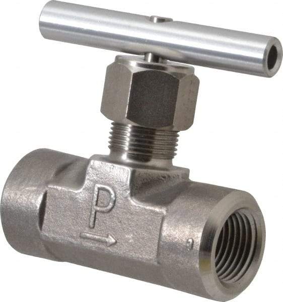Parker - 5,000 Max psi, 1/2" Pipe, 316 Grade Stainless Steel, Inline Instrumentation Needle Valve - FNPT x FNPT End Connections - Eagle Tool & Supply