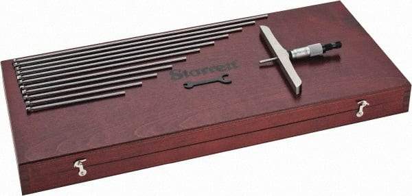 Starrett - 0 to 12" Range, 12 Rod, Satin Chrome Finish Mechanical Depth Micrometer - Ratchet Stop Thimble, 6" Base Length, 0.001" Graduation, 5/32" Rod Diam - Eagle Tool & Supply