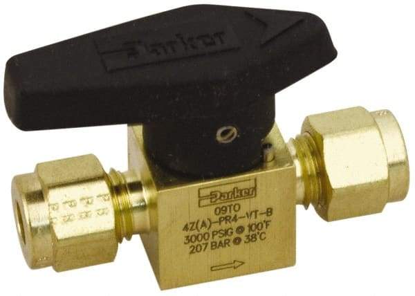 Parker - 1/8" Pipe, 3,000 psi WOG Rating, Brass, Inline, One Way Instrumentation Plug Valve - Wedge Handle, Compression x Compression CPI End Connections, Viton Seal - Eagle Tool & Supply