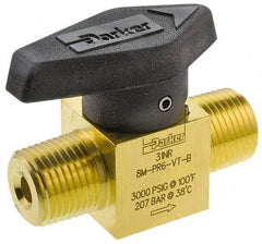 Parker - 1/2" Pipe, 3,000 psi WOG Rating, Brass, Inline, One Way Instrumentation Plug Valve - Wedge Handle, MNPT x MNPT End Connections, Viton Seal - Eagle Tool & Supply