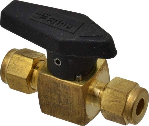 Parker - 1/4" Pipe, 3,000 psi WOG Rating, Brass, Inline, One Way Instrumentation Plug Valve - Wedge Handle, Viton Seal - Eagle Tool & Supply