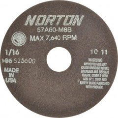 Norton - 6" 60 Grit Aluminum Oxide Cutoff Wheel - 1/16" Thick, 1-1/4" Arbor, 7,640 Max RPM, Use with Stationary Grinders - Eagle Tool & Supply