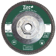 Garryson - 80 Grit, 7" Disc Diam, 5/8-11 Center Hole, Type 29 Zirconia Alumina Flap Disc - 8,600 Max RPM, Fiberglass Backing, Arbor Attaching System, Coated - Eagle Tool & Supply