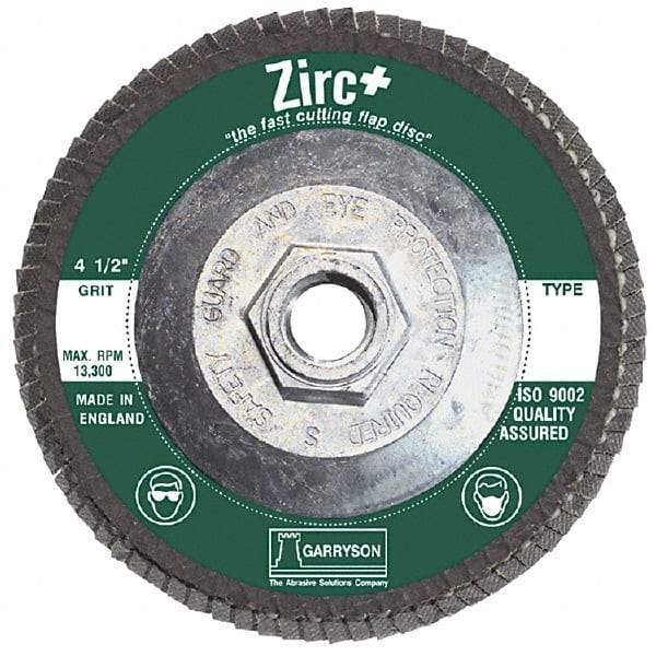 Garryson - 36 Grit, 7" Disc Diam, 5/8-11 Center Hole, Type 29 Zirconia Alumina Flap Disc - 8,600 Max RPM, Fiberglass Backing, Arbor Attaching System, Coated - Eagle Tool & Supply